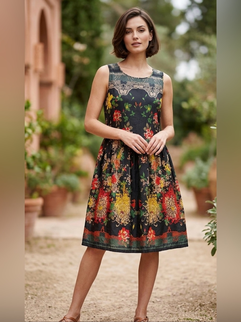 Johnny Was 100% Silk Black Floral Midi Dress with Red and Yellow Accents